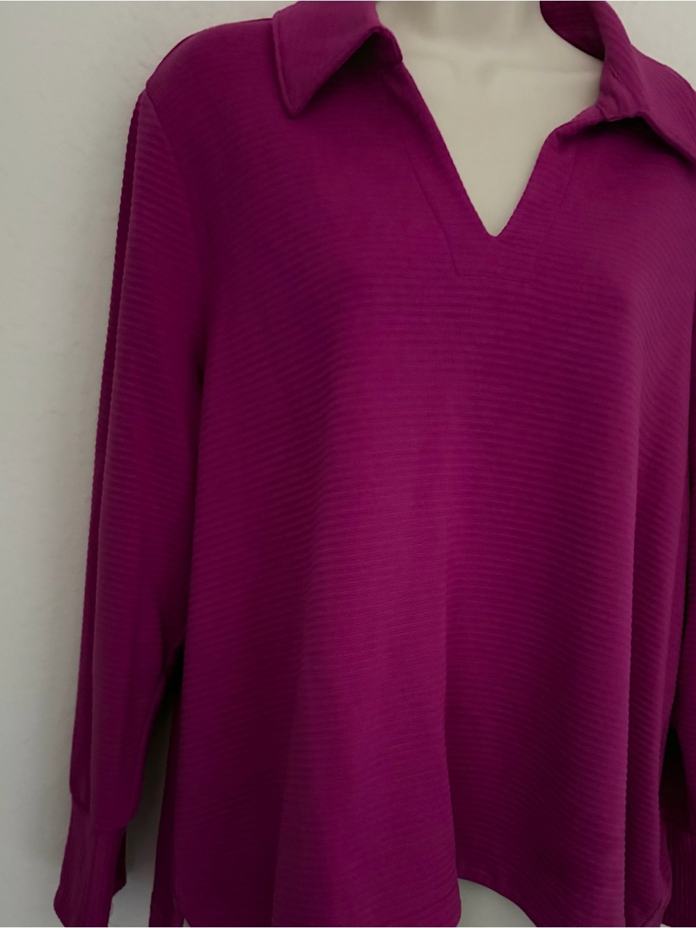 Talbots Magenta V-Notch Collared Long Sleeve Top - Picture 3 of 8